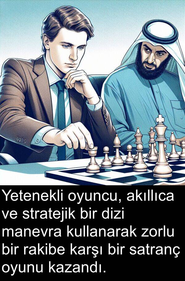 rakibe: Yetenekli oyuncu, akıllıca ve stratejik bir dizi manevra kullanarak zorlu bir rakibe karşı bir satranç oyunu kazandı.