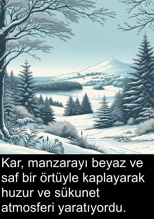 kaplayarak: Kar, manzarayı beyaz ve saf bir örtüyle kaplayarak huzur ve sükunet atmosferi yaratıyordu.