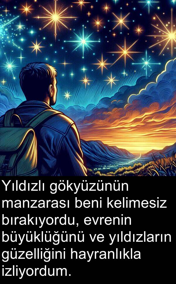 hayranlıkla: Yıldızlı gökyüzünün manzarası beni kelimesiz bırakıyordu, evrenin büyüklüğünü ve yıldızların güzelliğini hayranlıkla izliyordum.