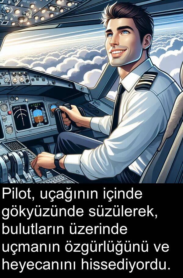 uçağının: Pilot, uçağının içinde gökyüzünde süzülerek, bulutların üzerinde uçmanın özgürlüğünü ve heyecanını hissediyordu.