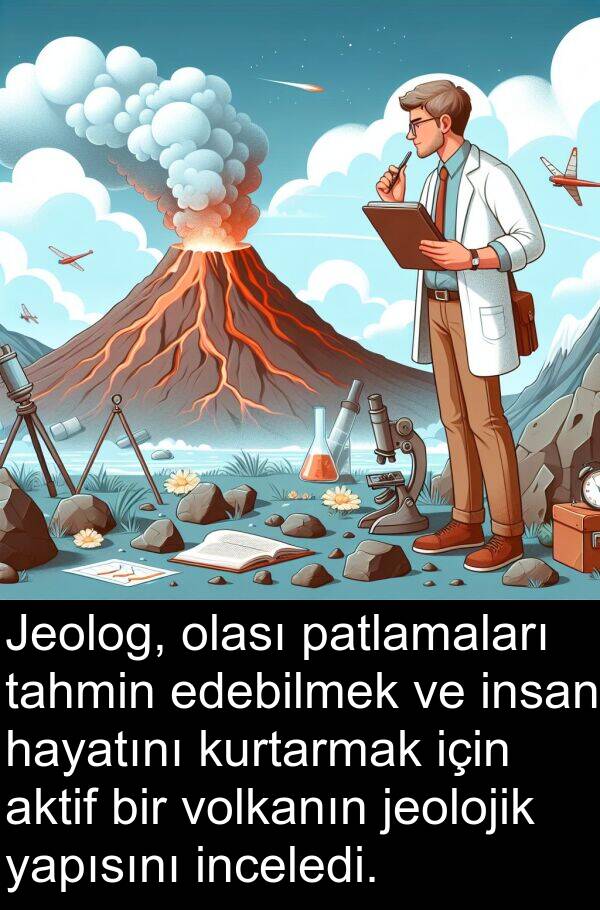 jeolojik: Jeolog, olası patlamaları tahmin edebilmek ve insan hayatını kurtarmak için aktif bir volkanın jeolojik yapısını inceledi.