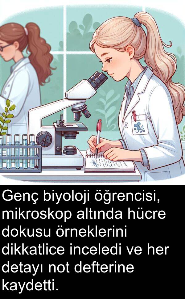 defterine: Genç biyoloji öğrencisi, mikroskop altında hücre dokusu örneklerini dikkatlice inceledi ve her detayı not defterine kaydetti.