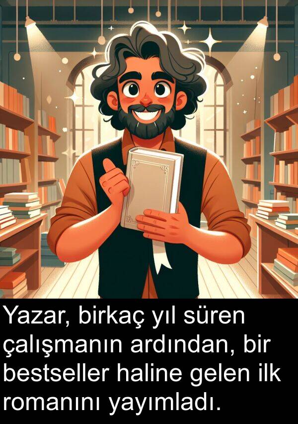 çalışmanın: Yazar, birkaç yıl süren çalışmanın ardından, bir bestseller haline gelen ilk romanını yayımladı.