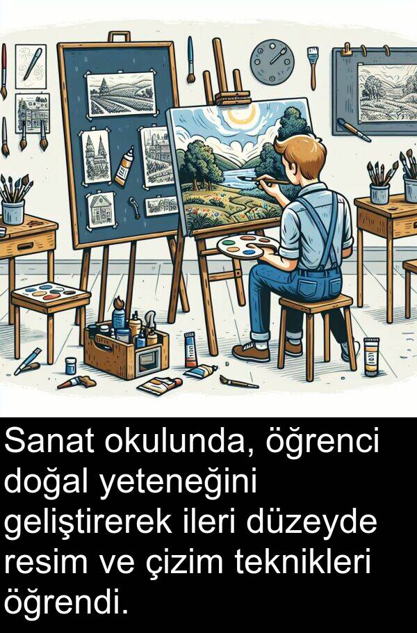 geliştirerek: Sanat okulunda, öğrenci doğal yeteneğini geliştirerek ileri düzeyde resim ve çizim teknikleri öğrendi.