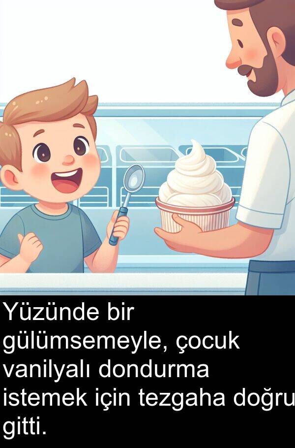 vanilyalı: Yüzünde bir gülümsemeyle, çocuk vanilyalı dondurma istemek için tezgaha doğru gitti.