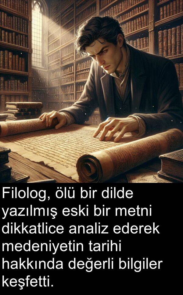 hakkında: Filolog, ölü bir dilde yazılmış eski bir metni dikkatlice analiz ederek medeniyetin tarihi hakkında değerli bilgiler keşfetti.