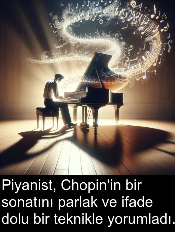 ifade: Piyanist, Chopin'in bir sonatını parlak ve ifade dolu bir teknikle yorumladı.