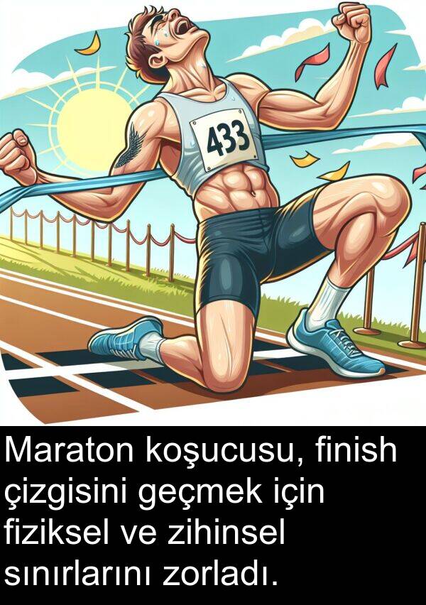 zorladı: Maraton koşucusu, finish çizgisini geçmek için fiziksel ve zihinsel sınırlarını zorladı.