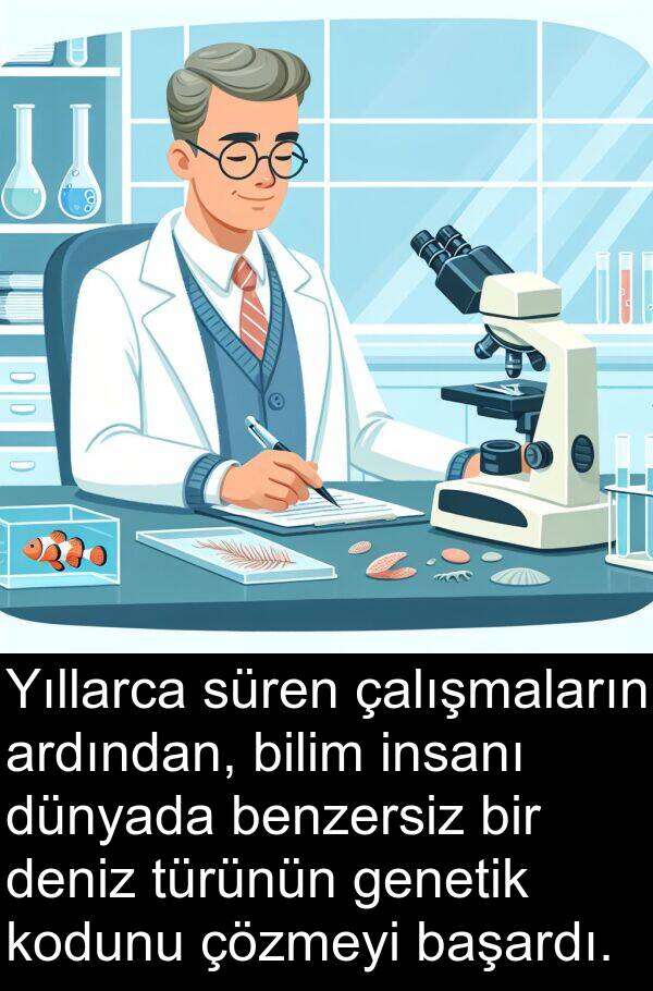 çalışmaların: Yıllarca süren çalışmaların ardından, bilim insanı dünyada benzersiz bir deniz türünün genetik kodunu çözmeyi başardı.