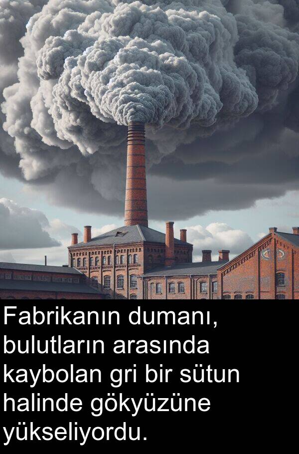 halinde: Fabrikanın dumanı, bulutların arasında kaybolan gri bir sütun halinde gökyüzüne yükseliyordu.