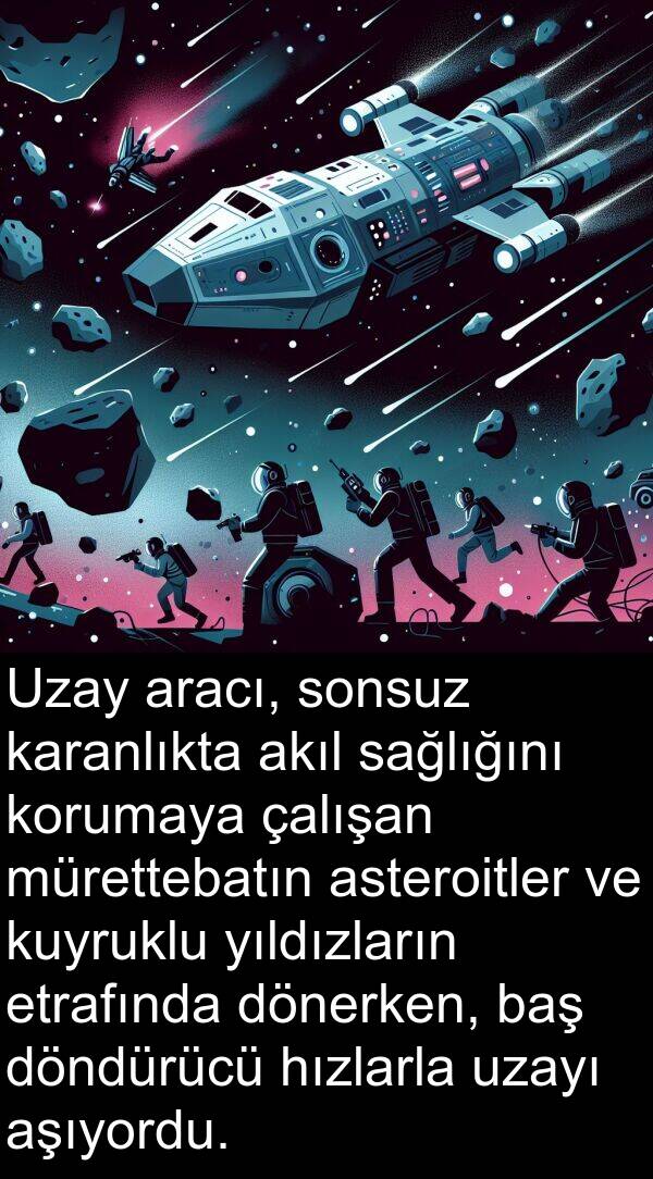 uzayı: Uzay aracı, sonsuz karanlıkta akıl sağlığını korumaya çalışan mürettebatın asteroitler ve kuyruklu yıldızların etrafında dönerken, baş döndürücü hızlarla uzayı aşıyordu.