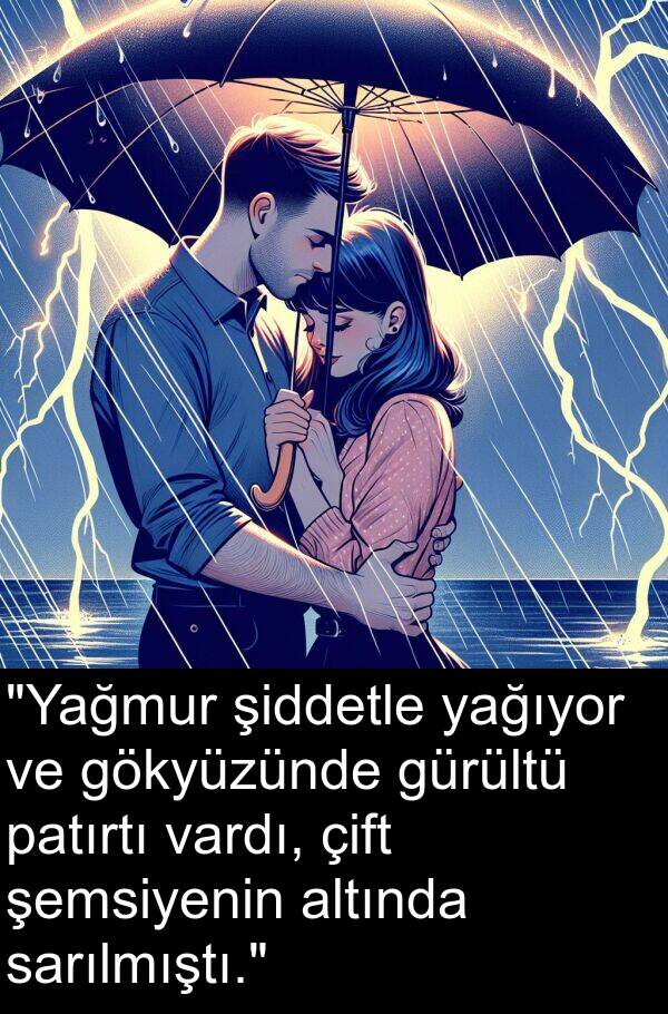 yağıyor: "Yağmur şiddetle yağıyor ve gökyüzünde gürültü patırtı vardı, çift şemsiyenin altında sarılmıştı."