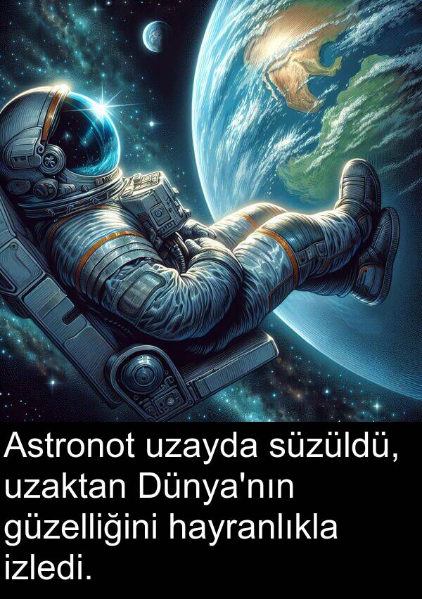 hayranlıkla: Astronot uzayda süzüldü, uzaktan Dünya'nın güzelliğini hayranlıkla izledi.