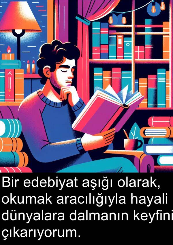 hayali: Bir edebiyat aşığı olarak, okumak aracılığıyla hayali dünyalara dalmanın keyfini çıkarıyorum.