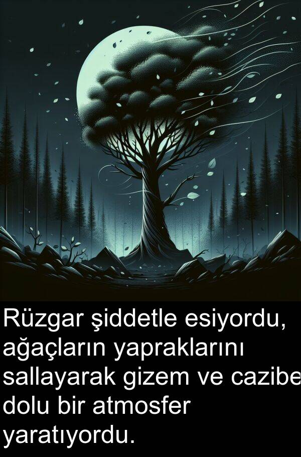 yapraklarını: Rüzgar şiddetle esiyordu, ağaçların yapraklarını sallayarak gizem ve cazibe dolu bir atmosfer yaratıyordu.