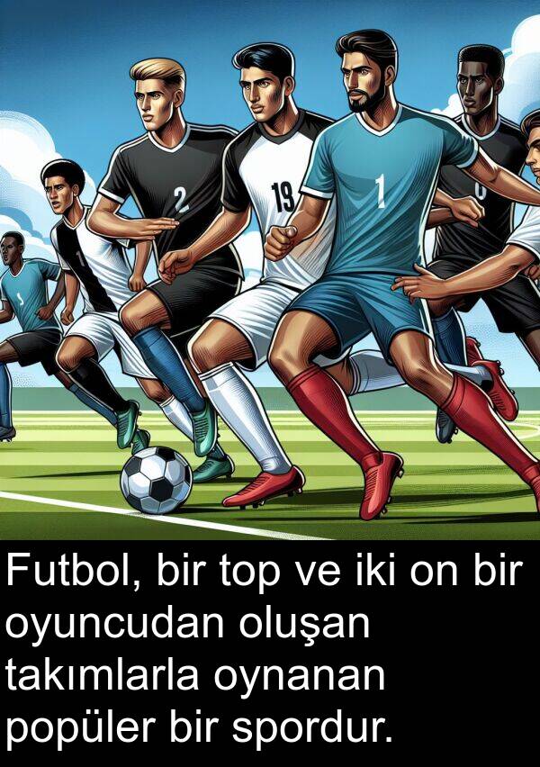 takımlarla: Futbol, bir top ve iki on bir oyuncudan oluşan takımlarla oynanan popüler bir spordur.