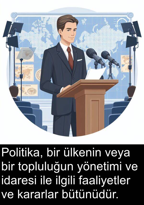 idaresi: Politika, bir ülkenin veya bir topluluğun yönetimi ve idaresi ile ilgili faaliyetler ve kararlar bütünüdür.