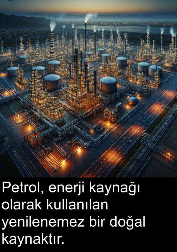 enerji: Petrol, enerji kaynağı olarak kullanılan yenilenemez bir doğal kaynaktır.