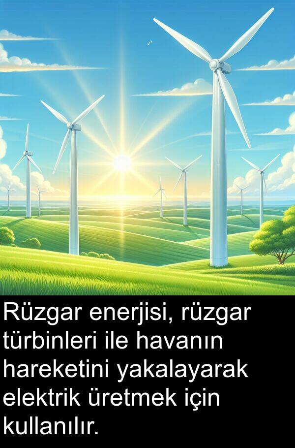 havanın: Rüzgar enerjisi, rüzgar türbinleri ile havanın hareketini yakalayarak elektrik üretmek için kullanılır.