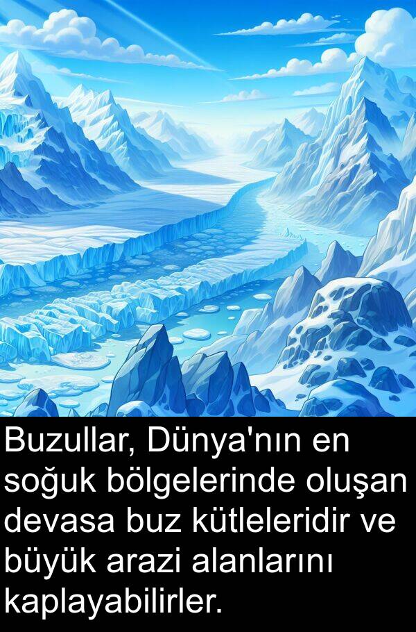 kaplayabilirler: Buzullar, Dünya'nın en soğuk bölgelerinde oluşan devasa buz kütleleridir ve büyük arazi alanlarını kaplayabilirler.