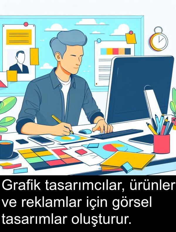 tasarımlar: Grafik tasarımcılar, ürünler ve reklamlar için görsel tasarımlar oluşturur.