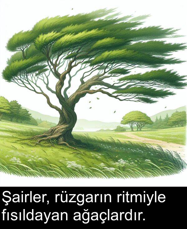 ritmiyle: Şairler, rüzgarın ritmiyle fısıldayan ağaçlardır.