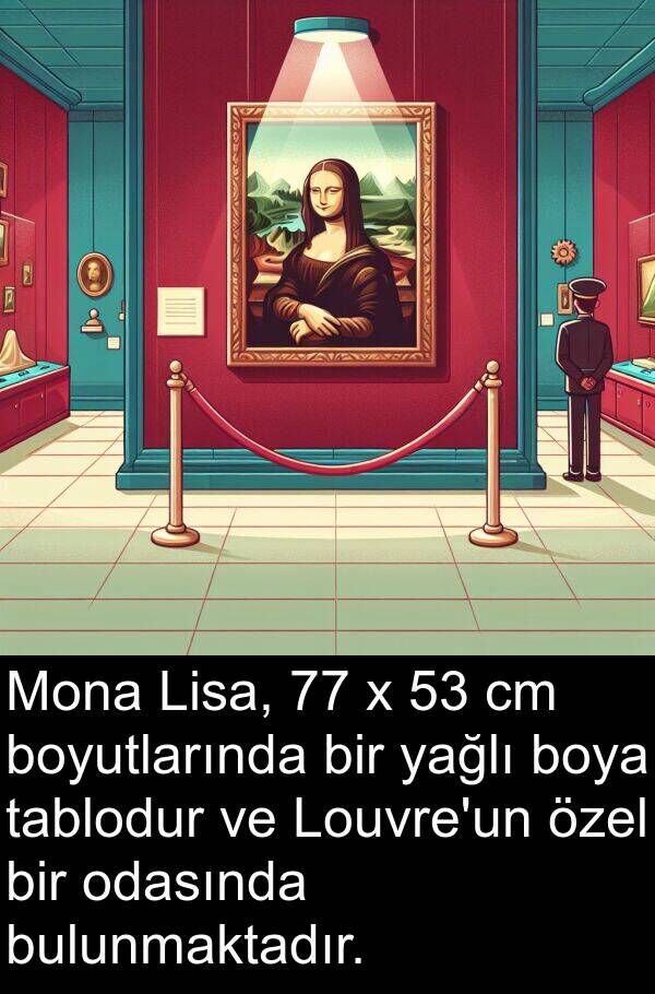 yağlı: Mona Lisa, 77 x 53 cm boyutlarında bir yağlı boya tablodur ve Louvre'un özel bir odasında bulunmaktadır.