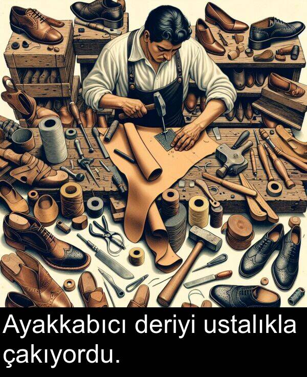 çakıyordu: Ayakkabıcı deriyi ustalıkla çakıyordu.