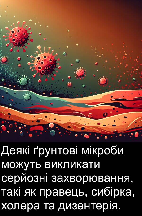 мікроби: Деякі ґрунтові мікроби можуть викликати серйозні захворювання, такі як правець, сибірка, холера та дизентерія.