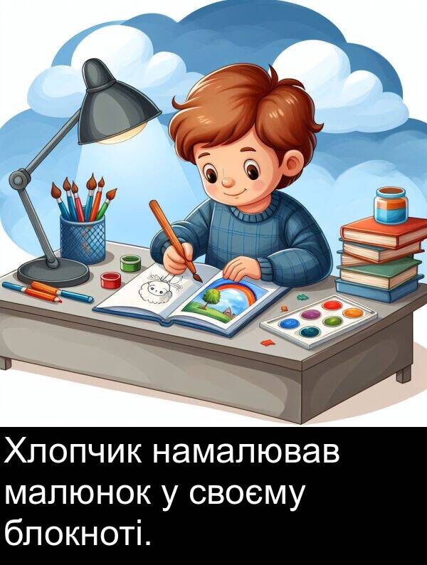малюнок: Хлопчик намалював малюнок у своєму блокноті.