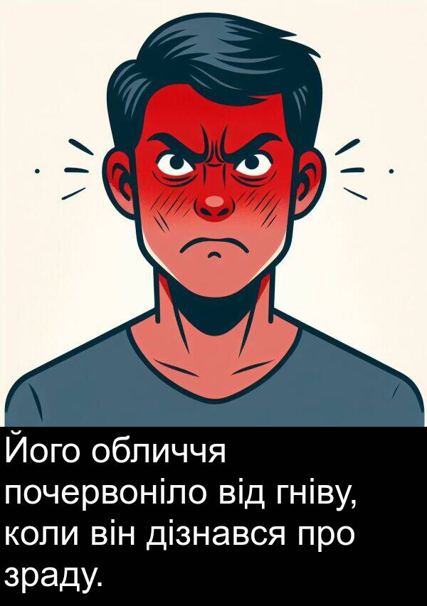 дізнався: Його обличчя почервоніло від гніву, коли він дізнався про зраду.