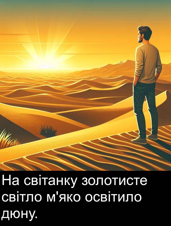 світанку: На світанку золотисте світло м'яко освітило дюну.