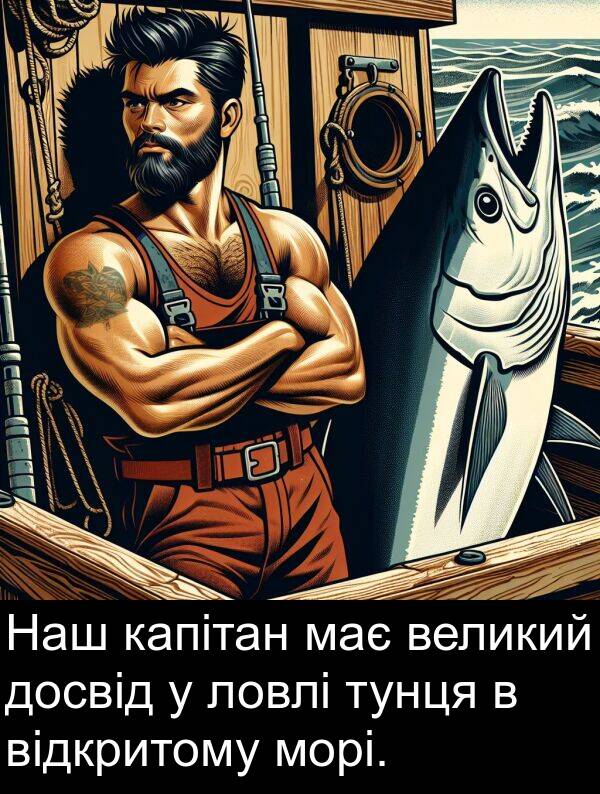 ловлі: Наш капітан має великий досвід у ловлі тунця в відкритому морі.