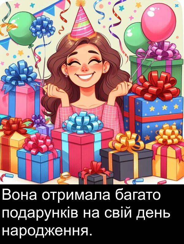 день: Вона отримала багато подарунків на свій день народження.