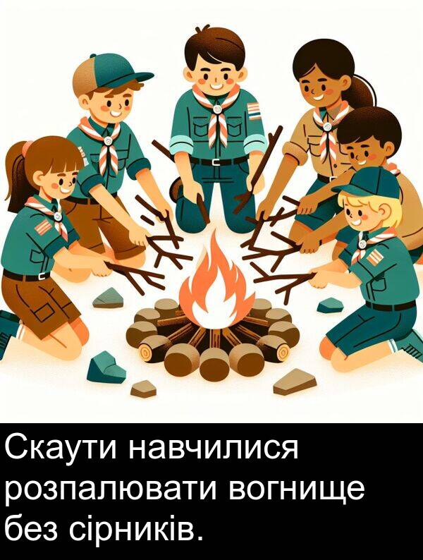 без: Скаути навчилися розпалювати вогнище без сірників.