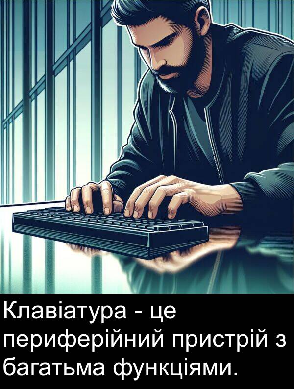 функціями: Клавіатура - це периферійний пристрій з багатьма функціями.