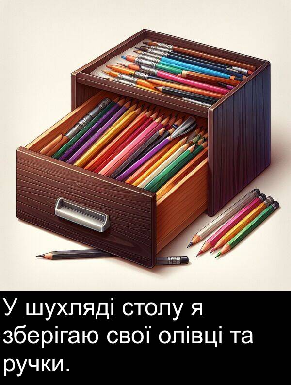 свої: У шухляді столу я зберігаю свої олівці та ручки.