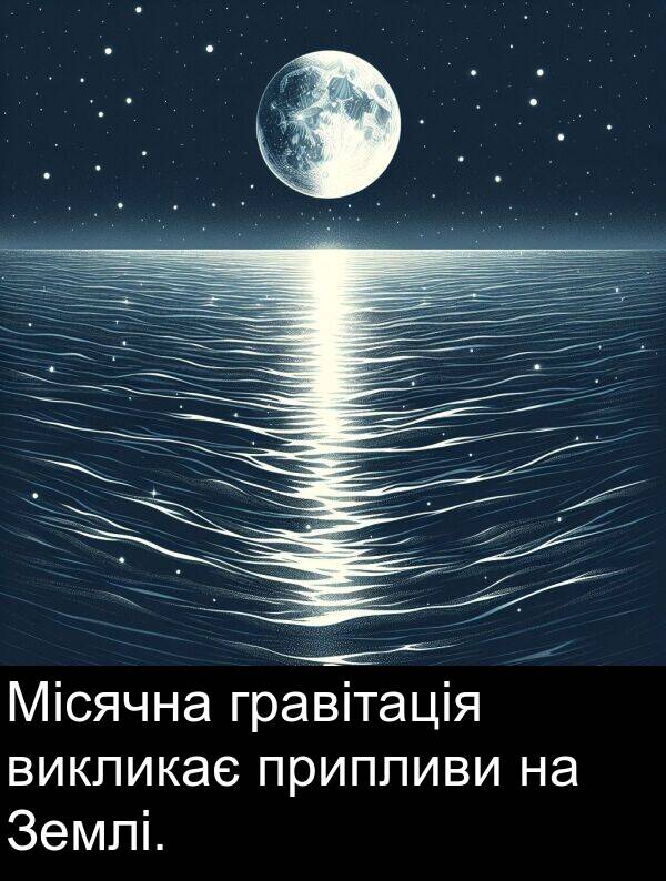 викликає: Місячна гравітація викликає припливи на Землі.