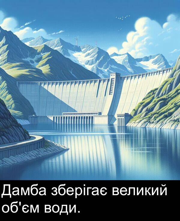 зберігає: Дамба зберігає великий об'єм води.