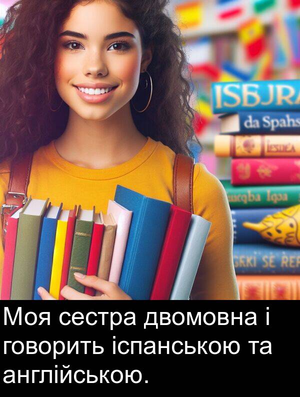 двомовна: Моя сестра двомовна і говорить іспанською та англійською.