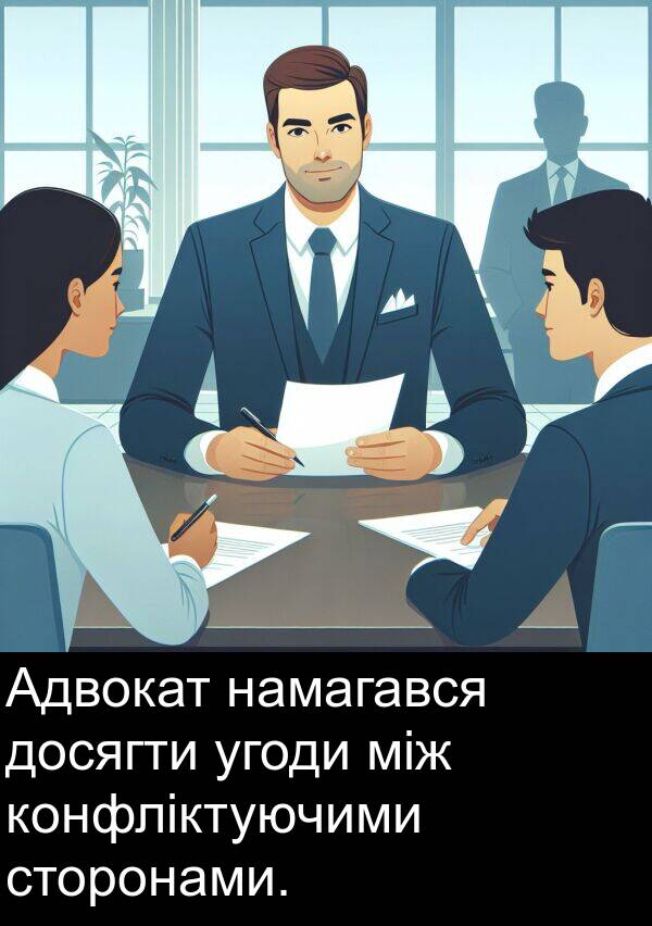 між: Адвокат намагався досягти угоди між конфліктуючими сторонами.