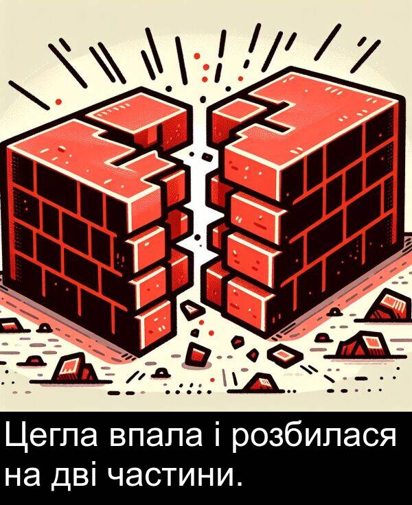 дві: Цегла впала і розбилася на дві частини.