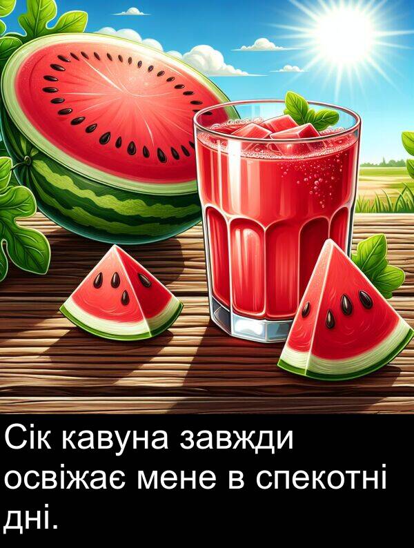мене: Сік кавуна завжди освіжає мене в спекотні дні.