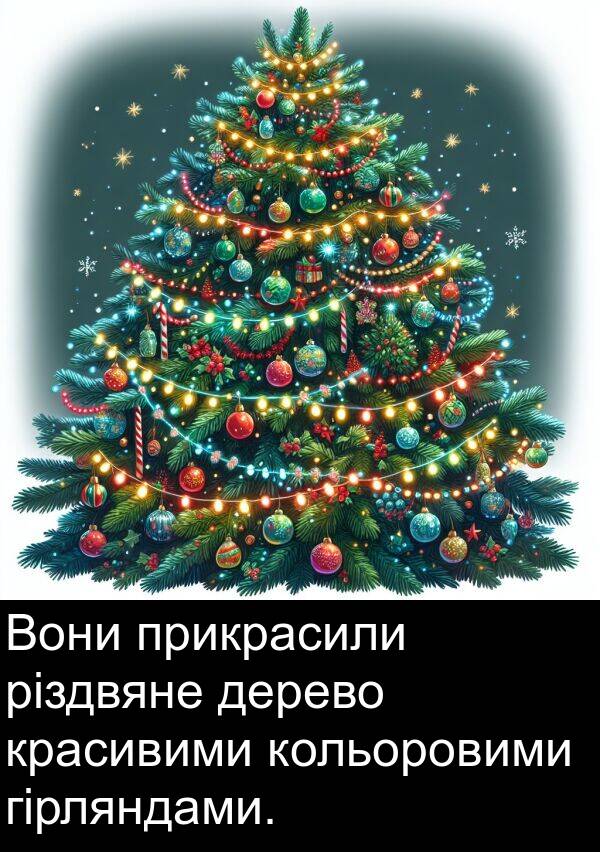 різдвяне: Вони прикрасили різдвяне дерево красивими кольоровими гірляндами.