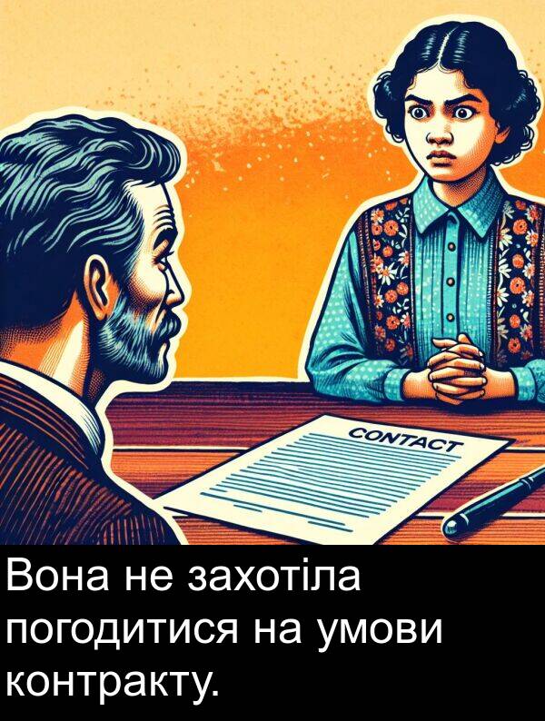 умови: Вона не захотіла погодитися на умови контракту.