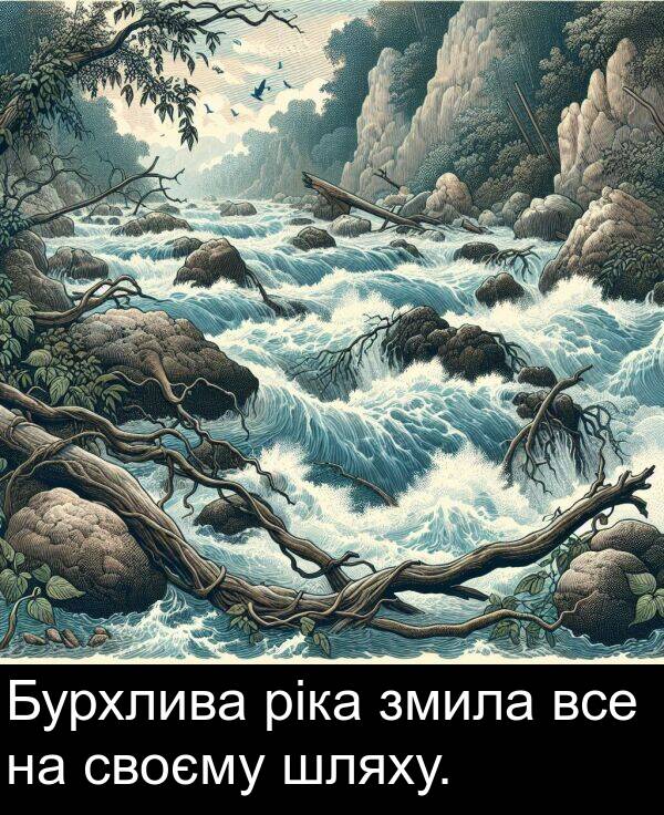 ріка: Бурхлива ріка змила все на своєму шляху.