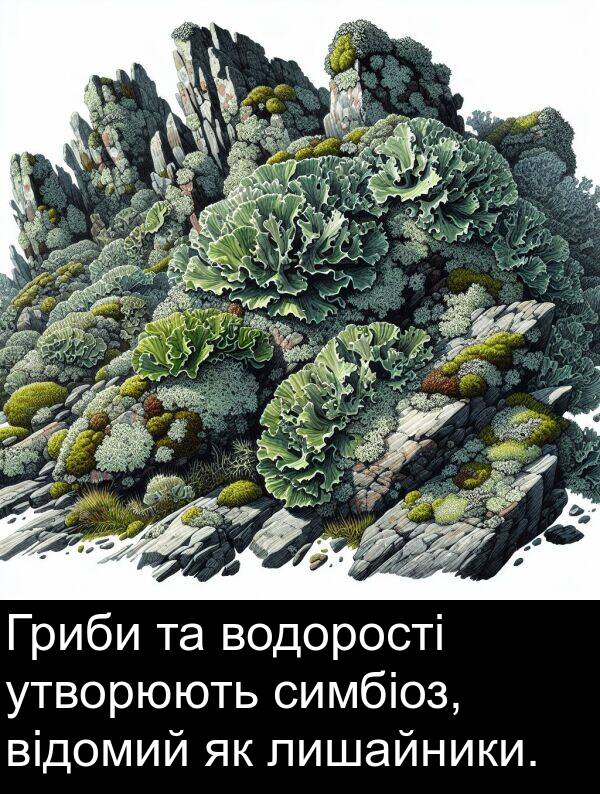 симбіоз: Гриби та водорості утворюють симбіоз, відомий як лишайники.