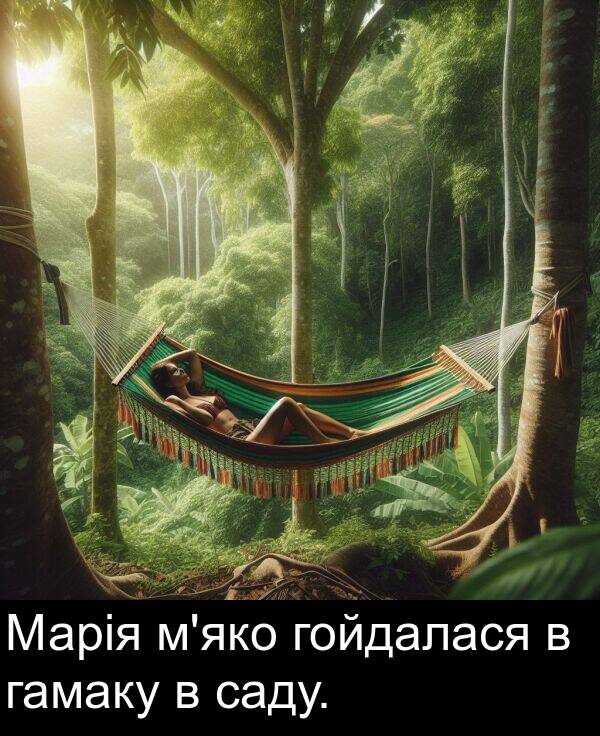 гамаку: Марія м'яко гойдалася в гамаку в саду.