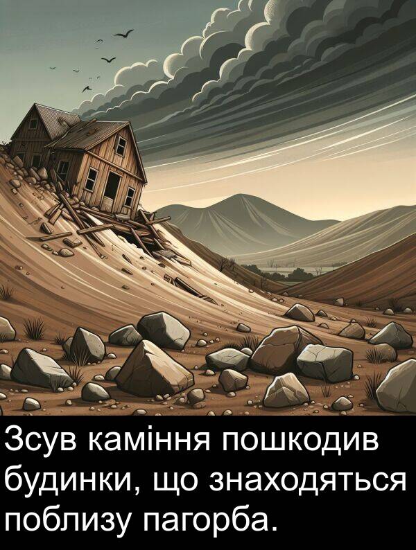 пагорба: Зсув каміння пошкодив будинки, що знаходяться поблизу пагорба.