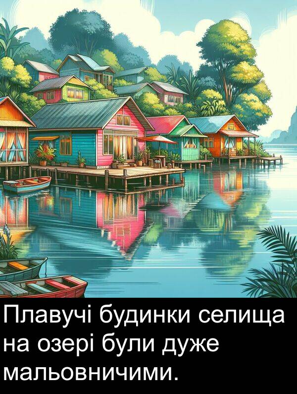 мальовничими: Плавучі будинки селища на озері були дуже мальовничими.
